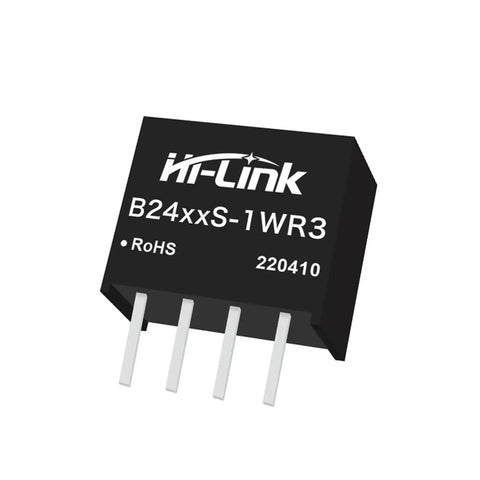 Hi-Link DC DC converter module with B24xxS-1WR3 label, four pins for electrical connections, ideal for EV battery projects.