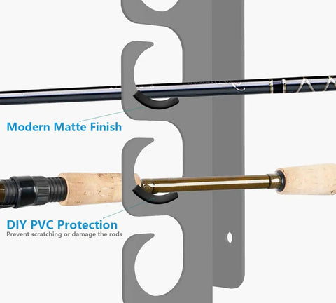 Close-up of Ceiling Mounted Fishing Rod Rack Holds Up To 16 Rods, showing adjustable hooks for secure rod placement and protection.