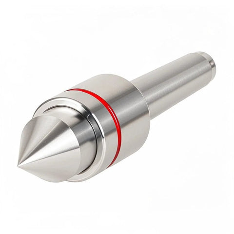 Side view of Eumtenr MT2 live center with conical steel tip and red retention ring