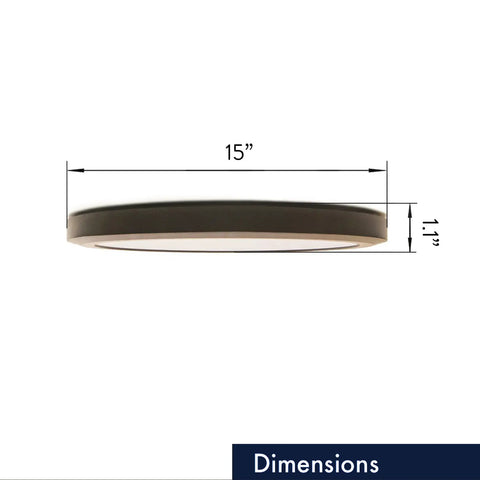Side view of 15 Inch LED Edge Lit Flush Mount Ceiling Light with dimensions 15" x 1.1", Bronze Cast Aluminum.