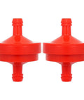 Inline Lawn Mower Fuel Filter One Quarter Inch Fuel Line 75 Micron Replacement Filter Pack shown in red, side-by-side view.