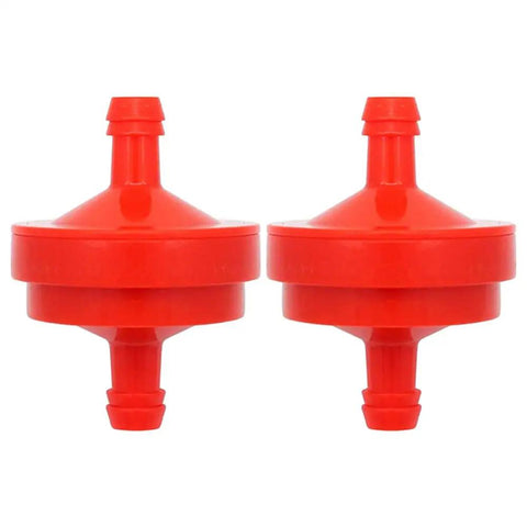 Inline Lawn Mower Fuel Filter One Quarter Inch Fuel Line 75 Micron Replacement Filter Pack shown in red, side-by-side view.