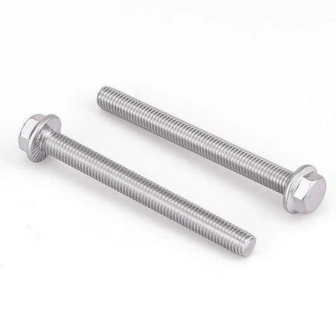 Heavy Duty Badass M10 Hex Flange Bolts Featuring Serrated Locking Flanges And Rust Resistant 304 Stainless Steel Construction For Rock Solid Assembly On Trucks And Gear Built Tough To Last - two M10 bolts with flange heads.