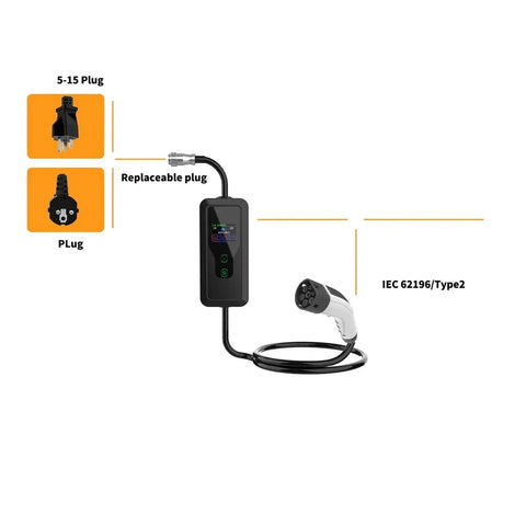 Portable Type 2 EV Charger 3.5KW 16A 1 Phase EVSE with replaceable plugs and IEC 62196/Type2 connector for easy charging.
