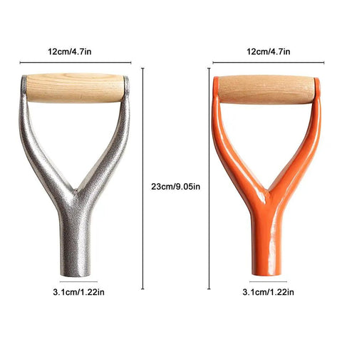 D Grip Shovel Handle Replacement With Wooden Grip For Garden Shovels And Raking Tools, Metal Inside Diameter 3.1 cm shown in silver and orange