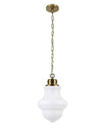 Front view of 9 Inch Wide Pendant Light With Glass Shade In Brass And White Milk Glass, Compact Ceiling Fixture For Small Spaces.