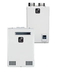 Heavy Duty Outdoor Condensing Tankless Water Heater Fueled By Natural Gas With Instant Heat Exchange and Top Shelf Efficiency shown from the front.