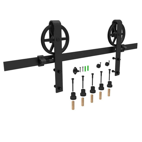 20Ft Heavy Duty Sliding Barn Door Hardware Kit with big spoke wheel hanger J style and solid steel roller components