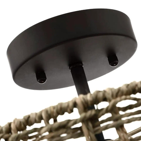 Black canopy detail of Boho Rattan Drum Ceiling Light With Black Canopy, Two-Light 12 Inch Semi Flush Mount Fixture For Hallway Bedroom Kitchen Entryway
