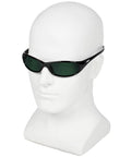 Hellraiser V40 Safety Glasses Featuring IRUV Shade 5.0 Lenses And A Durable Black Frame on a mannequin head.