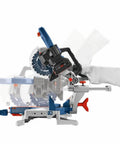 ProFactor Mobile Cordless 18 Volt Sliding Miter Saw With Single Bevel Lightweight, showing side view with blade and dust bag.