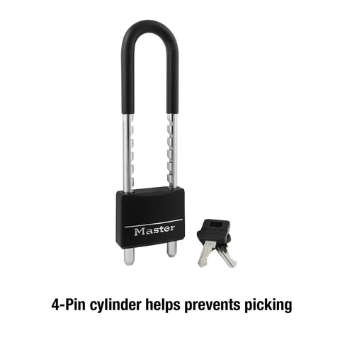 Adjustable Shackle Padlock With Key In Black Vinyl Covered Aluminum Body Scratch And Corrosion Resistant Hardened Steel Shackle 5 Pin Cylinder Dual Locking