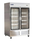 Heavy Duty Commercial Grade Reach In Freezer Featuring Double Glass Doors And Digital Temperature Control With Bottom Mount Compressor side view with stainless steel body.