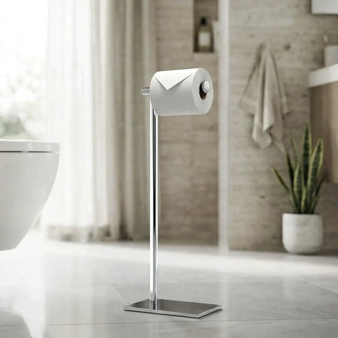 Freestanding Toilet Paper Holder Stand With Weighted Base In Modern Rectangle Chrome Finish For Bathroom Vanity A Must Have Upgrade You Can Move Anytime Grab And Go No Wall Mount Needed Sleek Contemporary Design in bathroom setting.