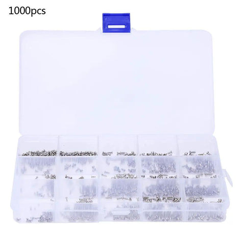 Top Shelf Hella Durable Miniature Self Tapping Screws Stainless Steel 1000 Piece Kit in organized storage compartment.