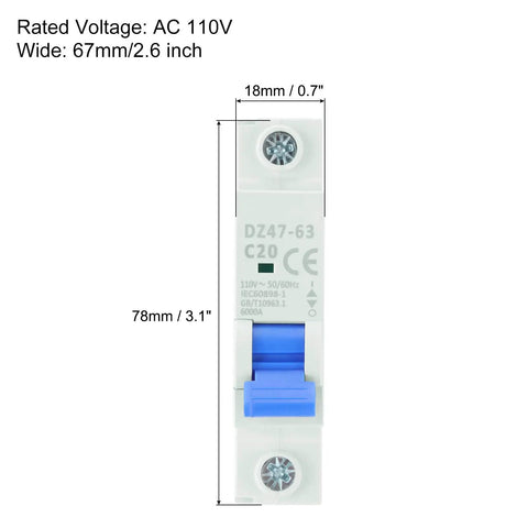 Front view of Four Pack 1P 20A 110V Miniature Circuit Breaker DZ47-63 DIN Rail Mount Disconnect Switch with Thermal Magnetic Trip.