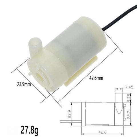 Dimensions and design of 5 Piece Ultra Quiet Mini DC Submersible Water Pumps With Brushless Motor, 3 To 6 Volts, 120 Liters Per Hour