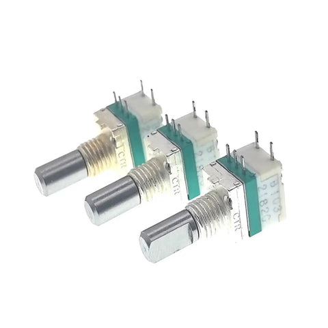 Two Pack B103K Potentiometer With Rotary Switch 5 Pins 13 Millimeter Half Shaft For Walkie Talkie Radio Repair, view of three control knobs.