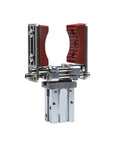 Beefy Heavy Duty Mechanical Arm Clamp With Telescopic Support Pneumatic Finger MHZ16D Parallel Gripper Adjustable Size Arc Shaped Clamping For Precision Handling NZ16 HP3050 Compatible Industrial Automation Tool, front view.