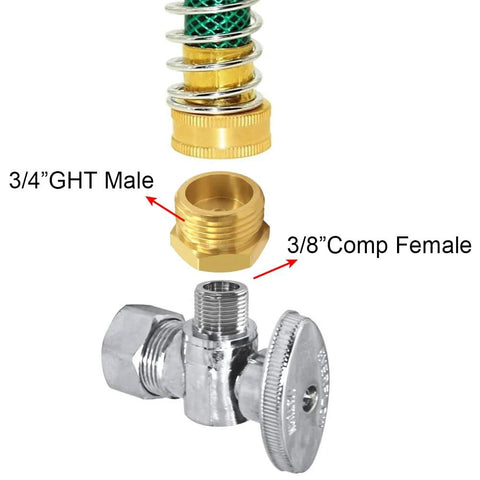 Brass 3/4 GHT male to 3/8 compression female adapter set (2 pcs) for garden hose to supply line connections.
