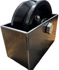 Beefy cast iron v-groove gate wheel with weldable steel box, ideal for sliding gate systems, featuring durable black gloss powder coat finish.