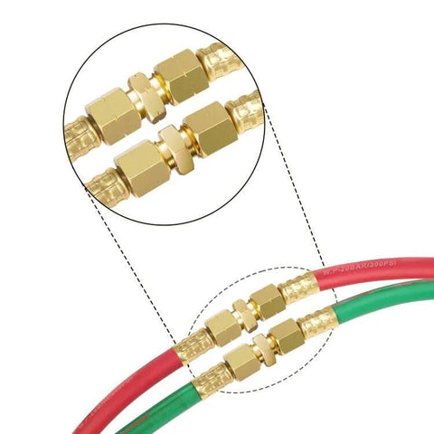 Brass welding hose coupler adapters (set of 2) for oxygen-acetylene twin hoses, 9/16-18 LH/RH, on red and green hoses