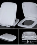 Heavy Duty Soft Close White Square Toilet Seat With Quick Release Hinges For Easy Cleaning Made From Stain Resistant Polypropylene, open view.
