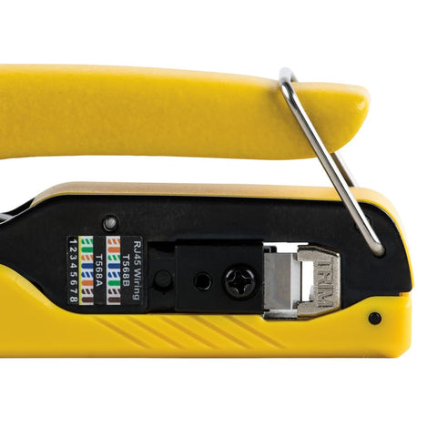 Side view of RJ45 Ethernet Cable Tester And Crimper Kit With Pass Thru Technology showcasing wiring guide and metal latch.
