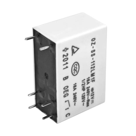 Close-up of Dual Pack 16A 12V SPST NO PCB Relay 6 Pin for DIY projects and auto industrial use, showing side view and pins.