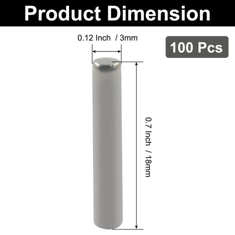 Image showing 100 Pack 304 Stainless Steel Dowel Pins M3 X 18mm Shelf Support Pins dimensions.