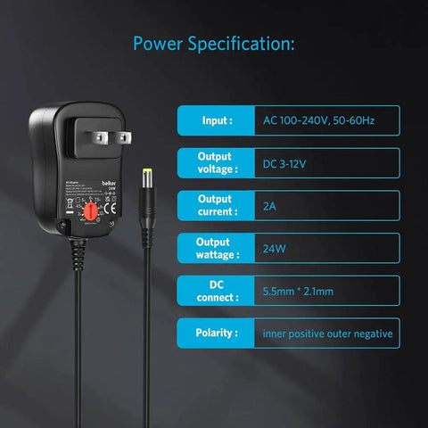 Universal 24W Multi Voltage AC DC Power Adapter With Adjustable 3V 4.5V 5V 6V 7.5V 9V 12V Output Up To 2A For Household Electronics Gadgets 100V To 240V Input shown with power specifications