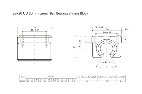 Technical diagram of SBR20 UU 20mm linear ball bearing sliding block with specifications for CNC rails kit.