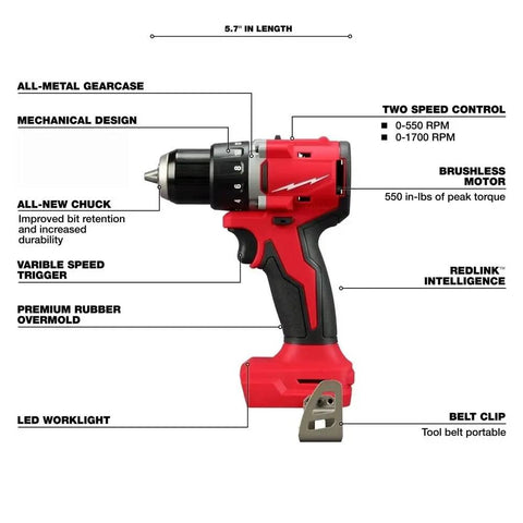 Rugged Brushless Compact Cordless Drill Driver Delivers Serious Kick Rock Solid Metal Construction And Maximum Torque For Tight Worksite Grinds Sold As Bare Tool, shown side view with features highlighted.