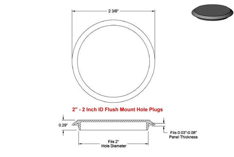 Diagram of 2 Inch Flush Mount Black Polyethylene Hole Plug For Sheet Metal For 2 Inch ID Holes with size specifications