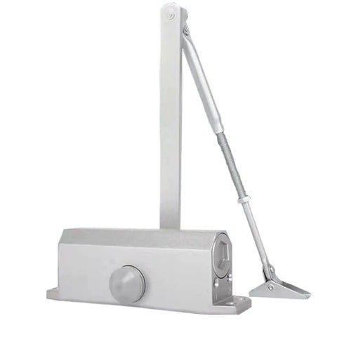 Heavy Duty Pro Grade Door Closer Kit for home and office showing adjustable speed hydraulic mechanism, silver finish.