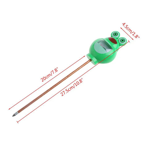 Soil Moisture Tester Kit for Plants and Lawns with frog design, 275x45 mm, in green ABS plastic, shown at an angle.
