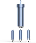 Cricut foil transfer tool with three interchangeable nibs (fine, medium, bold) in blue metal housing