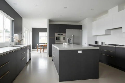 Modern kitchen featuring sleek cabinetry and island with Pro Grade Black Bogwood Reactive Water Based Interior Wood Stain.