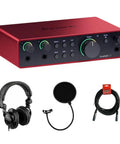 Scarlett 2i2 USB-C Audio Interface 4th Gen Bundle with headphones, pop filter, XLR cable for pro quality recording.