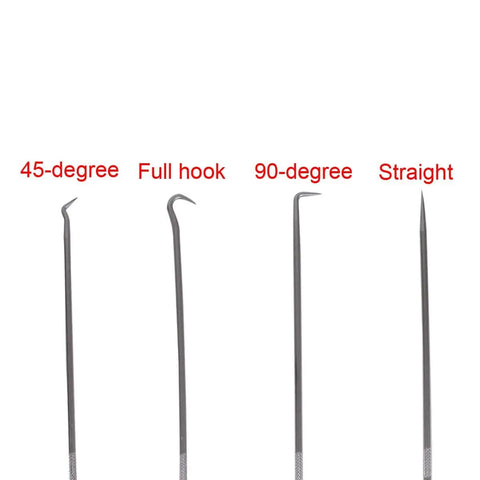 Pro Grade 4 Piece Long Pick And Hook Tool Set With Ergonomic Grip For Easy Oil Seal Removal, Includes Straight Pick Full Hook 45 Degree Hook And 90 Degree Hook, Durable Alloy Steel Automotive Hand Tools displayed vertically