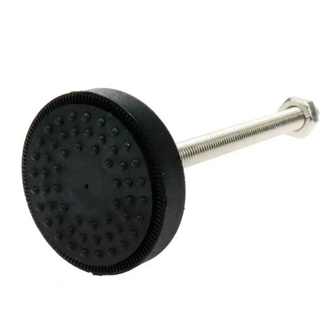Top Shelf Heavy Duty M8 Swivel Leveling Feet For Furniture And Machinery 880 Lb Load Capacity Per Piece showing black rubber base and stainless steel screw.