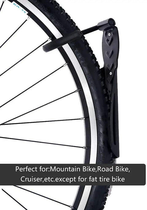 Vertical Bike Wall Rack With Tire Tray for Indoor Garage or Shed attached to mountain bike wheel