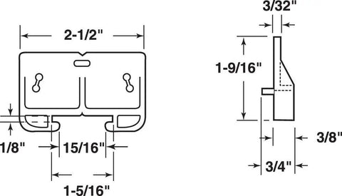 Dead Simple Yellow Drawer Slide Guides For Rolled Edge Metal Tracks dimensions diagram, showcasing sizes in inches for precise alignment.