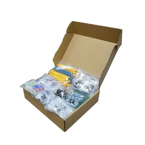 Open box showing Massive 1900 Piece Electronics Component Kit With Capacitors Resistors LEDs Transistors DC Jacks And PCB Op Amp