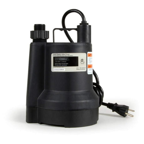 Everbilt SUP54-HD 1/6 HP plastic utility pump, black submersible pump with attached power cord