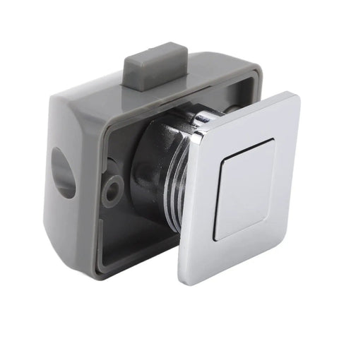 Push Button Cabinet Latch With Handle Keyless Zinc Alloy Lock for RV Drawers and Cupboards visible in side view.