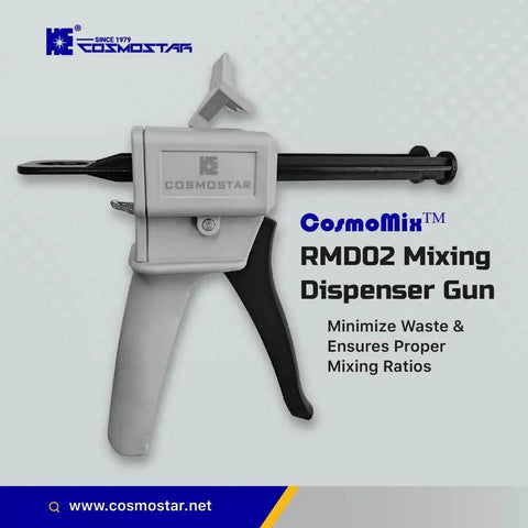 Side view of CosmoMix RMD02 mixing dispenser gun with ergonomic grip, featuring compact design for small projects.