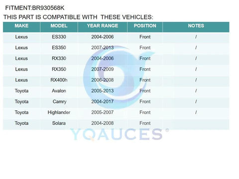 Compatibility chart for Front Wheel Hub And Bearing Assembly Fits Toyota Camry 2004 2017 Highlander 2005 2007 Avalon 2005 2013