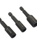 Rock Solid Three Piece Hanger Bolt Drivers For Threaded Rod Installation showing three sizes of black alloy steel drivers.