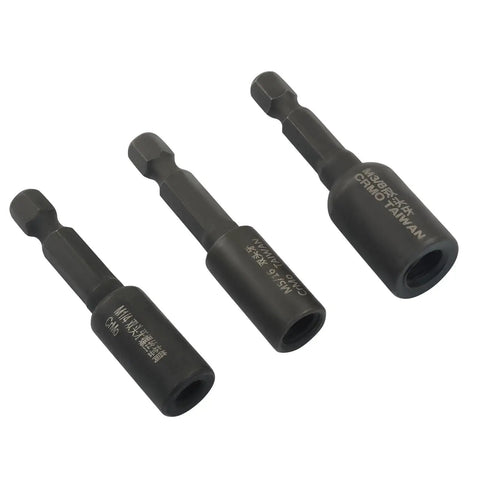 Rock Solid Three Piece Hanger Bolt Drivers For Threaded Rod Installation showing three sizes of black alloy steel drivers.